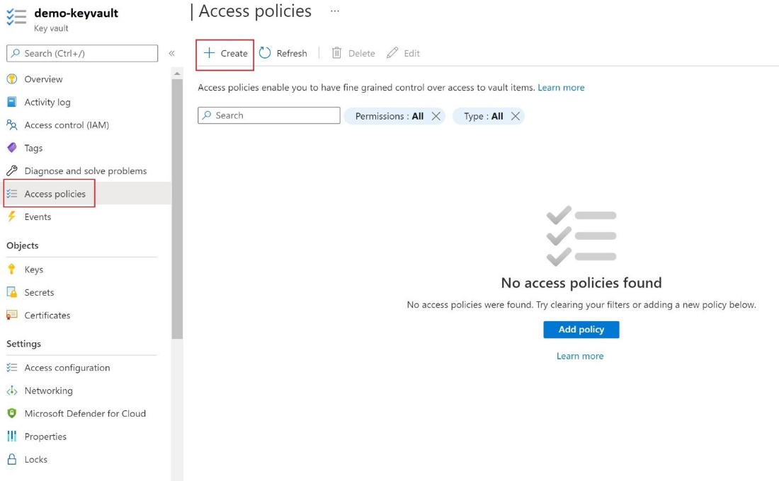 Captura de tela da Política de Acesso do Key Vault no portal do Azure.