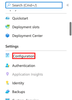 Captura de tela que mostra como abrir a página de configuração no Serviço de Aplicativo.