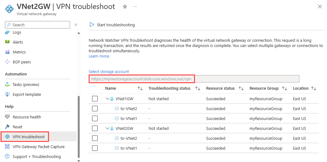 A captura de tela mostra a solução de problemas de vpn no portal do Azure antes do início da solução de problemas.