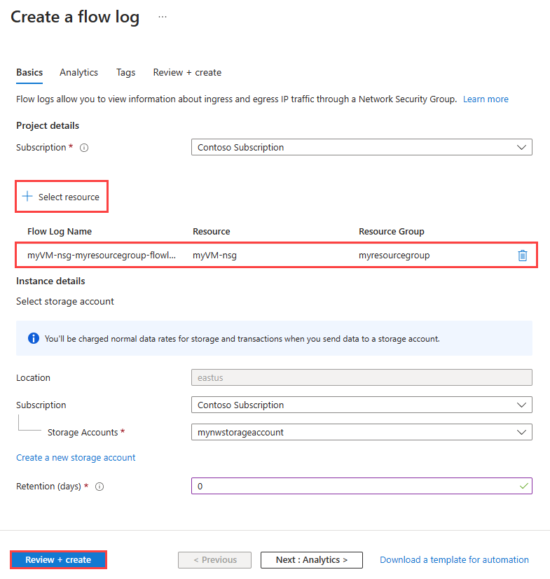 Captura de tela da página Criar log de fluxo do NSG no portal do Azure.