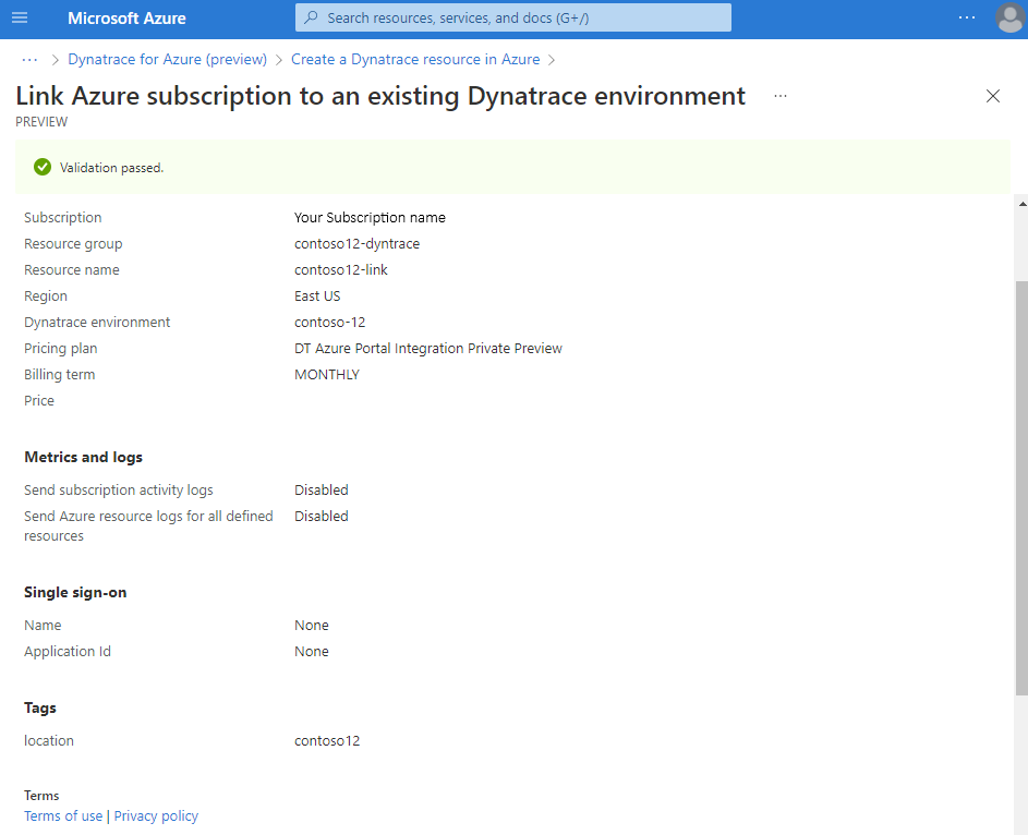 Captura de tela mostrando um formulário para examinar e criar um link para um ambiente do Dynatrace.