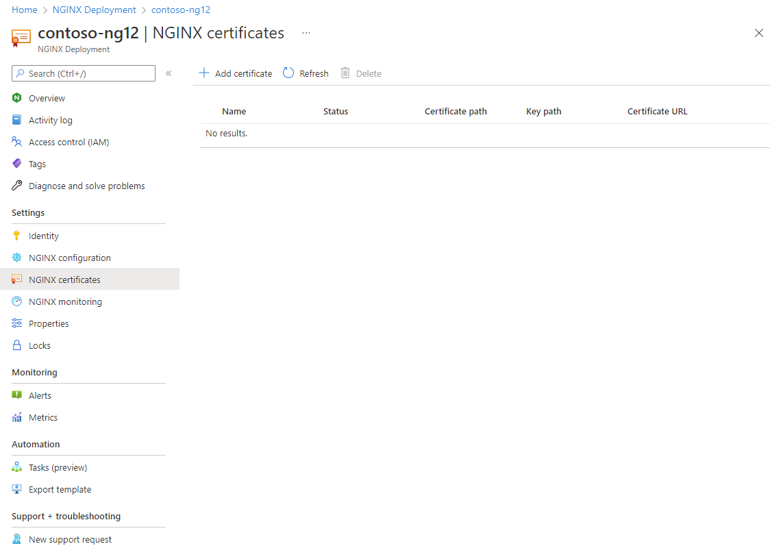 Captura de tela do carregamento de certificado do NGINXaaS.