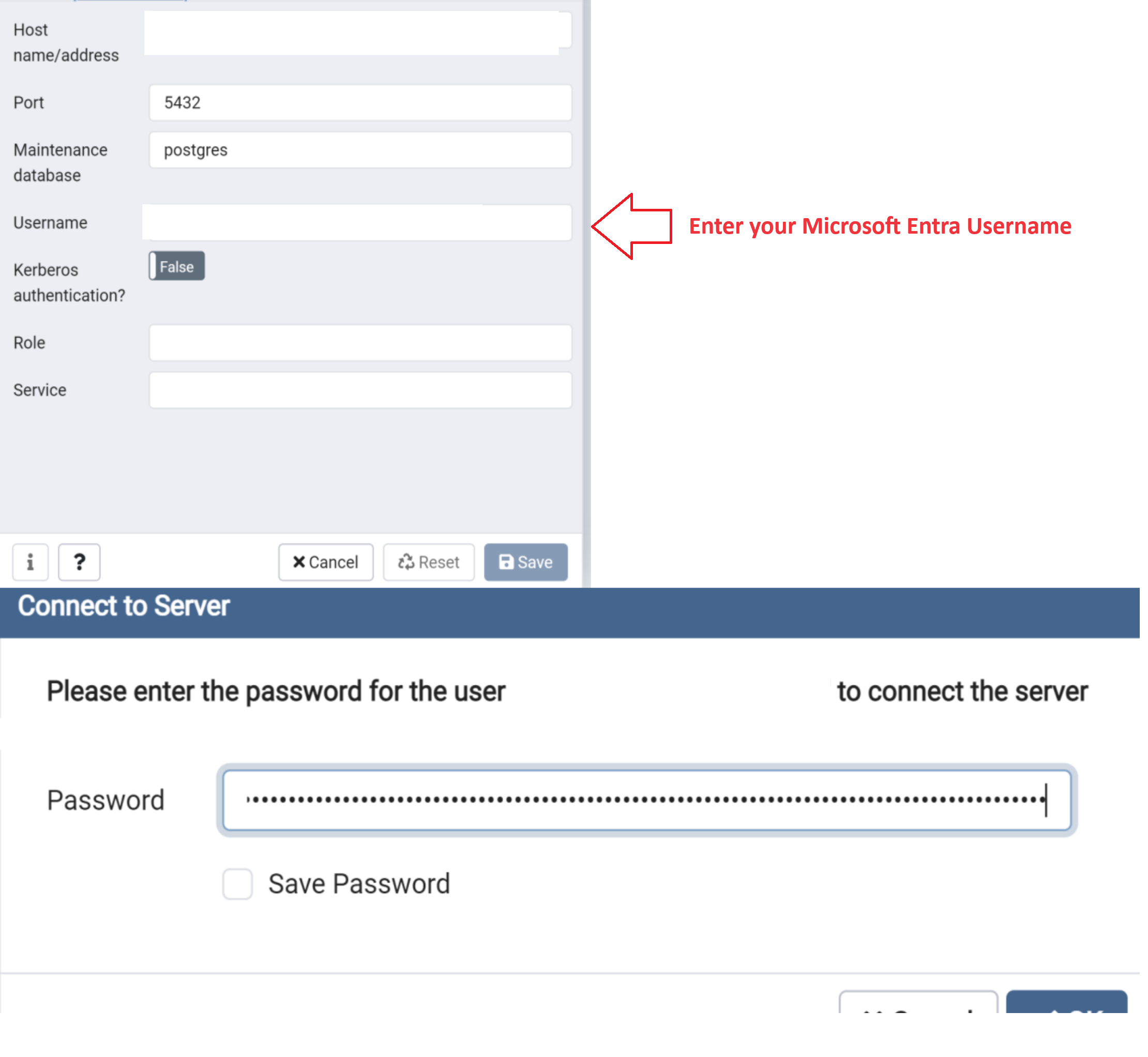 Captura de tela que mostra o processo de logon usando o administrador PG.