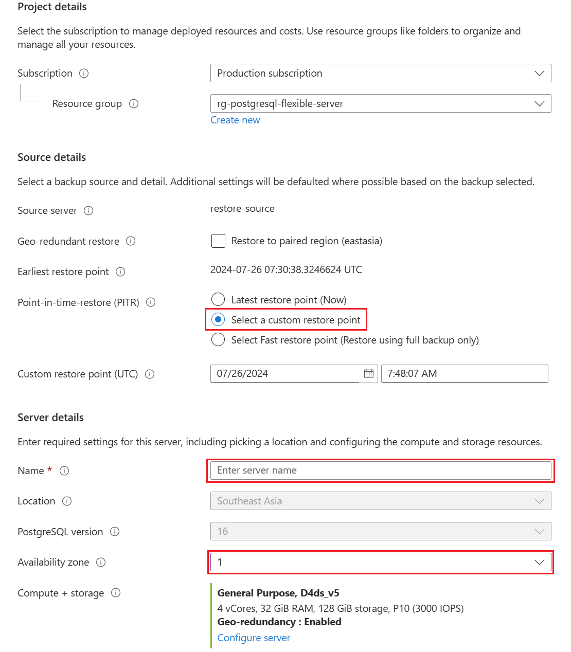 Captura de tela que mostra as seleções para restauração para um ponto de restauração personalizado.