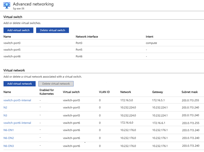 Captura de tela mostrando a rede avançada, com uma tabela de informações de comutador virtual e uma tabela de informações de rede virtual.