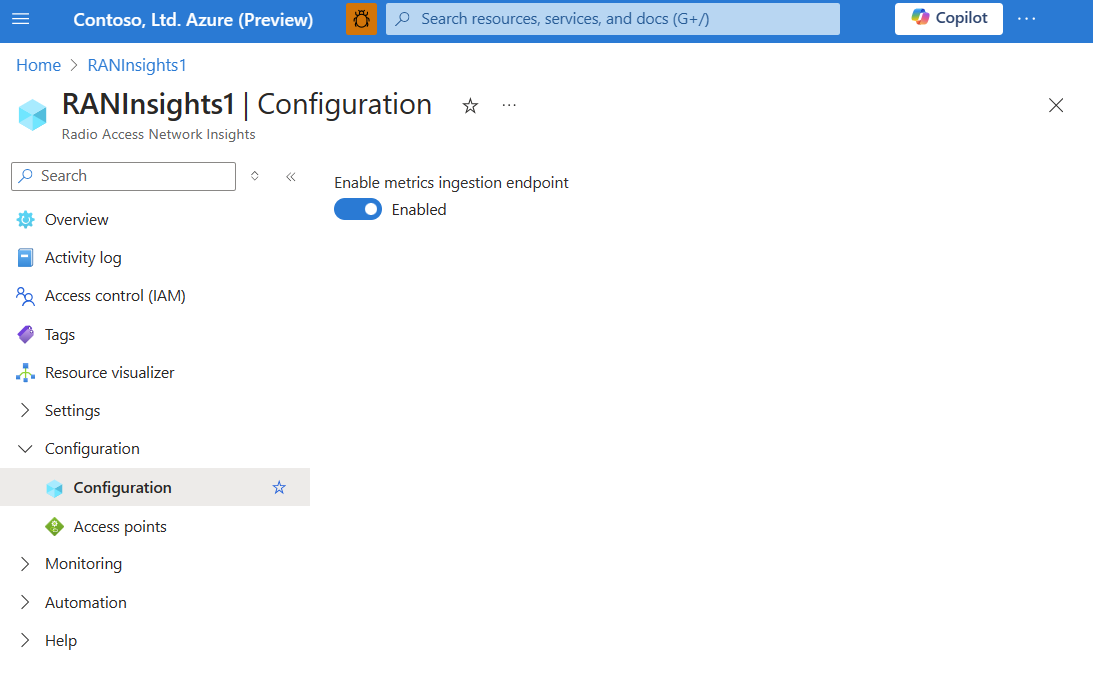 Captura de tela do portal do Azure mostrando uma alternância de MIE do recurso de insight de RAN habilitada.