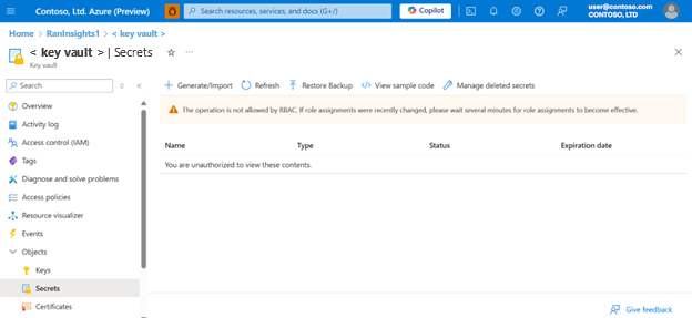 Captura de tela do portal do Azure mostrando a operação não permitida para o cofre de chaves.