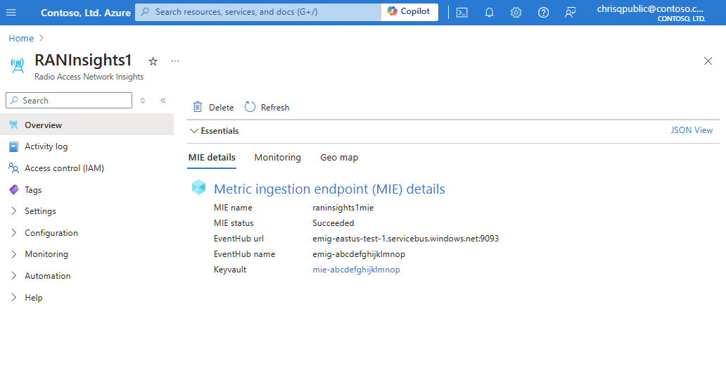 Captura de tela do portal do Azure mostrando os detalhes de MIE de recurso de insight de RAN.