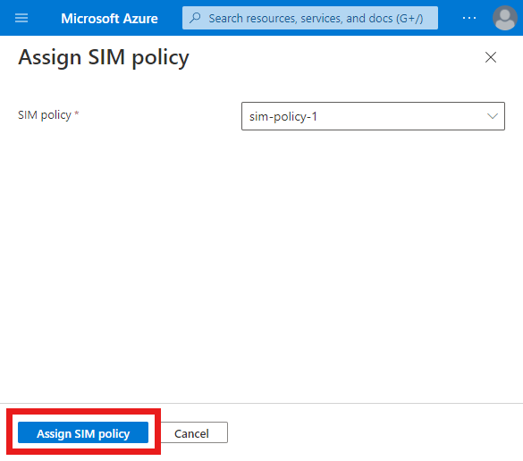 Captura de tela do portal do Azure exibindo a tela de Atribuir uma política do SIM. A opção Atribuir política de SIM está destacada.