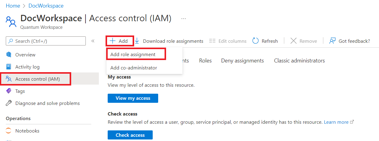 Captura de tela mostrando como adicionar uma nova atribuição de função ao workspace do Azure Quantum.