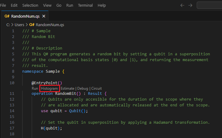 Capture o arquivo Q# no Visual Studio Code mostrando onde encontrar a lente de código com o comando histograma.