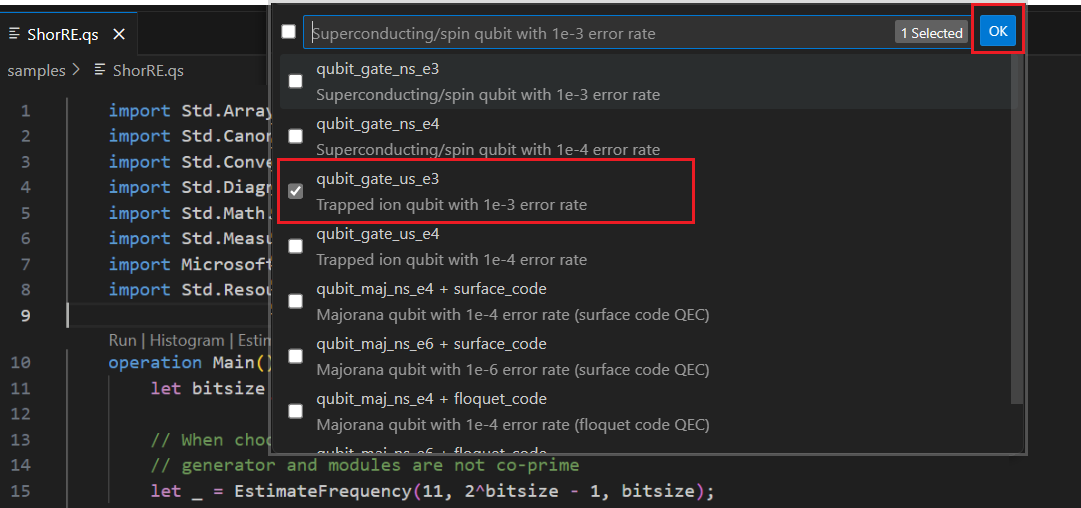 Captura de tela mostrando como selecionar o parâmetro de qubit no menu de estimativa de recursos.