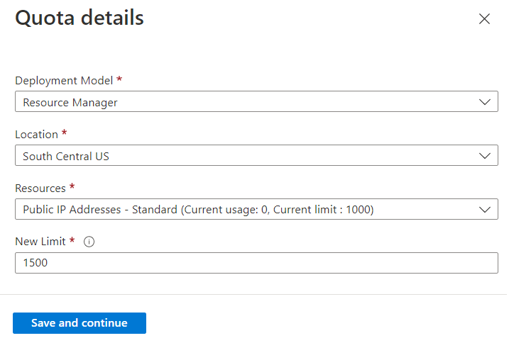 Captura de tela do painel de detalhes de Cota para uma solicitação de aumento de cota de rede.