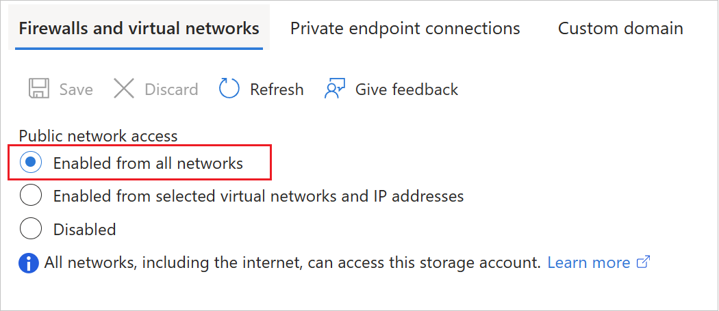 Captura de tela das configurações do portal do Microsoft Azure para o nível de acesso à rede pública no armazenamento de blobs.