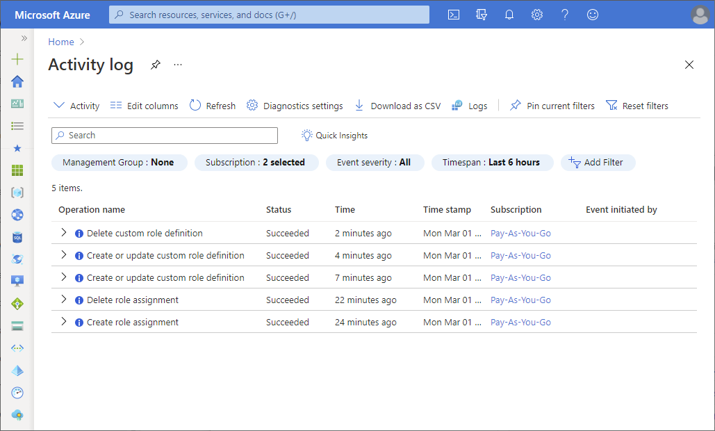 Logs de atividade usando o portal – captura de tela