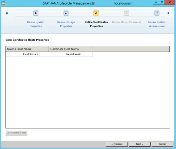 Captura de tela do Gerenciamento de ciclo de vida do SAP HANA, com nome do host.