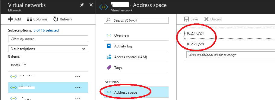 Espaço de endereço de rede virtual do Azure com dois espaços