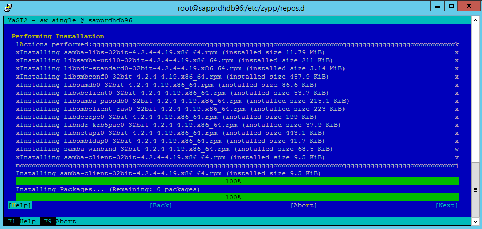 Captura de tela que mostra uma janela de console exibindo o progresso da instalação.