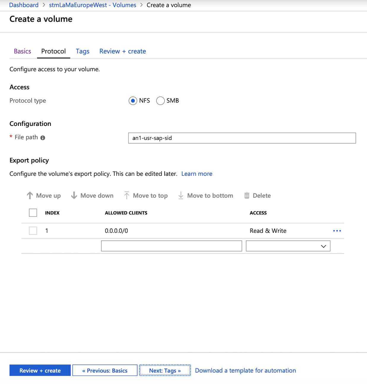 Screenshot that shows protocol details for creating a volume.