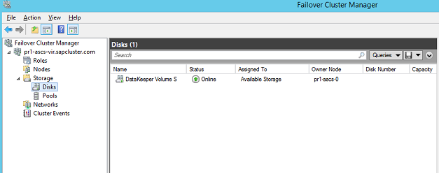 Figura 45: O Gerenciador de Cluster de Failover mostra o disco do DataKeeper replicado