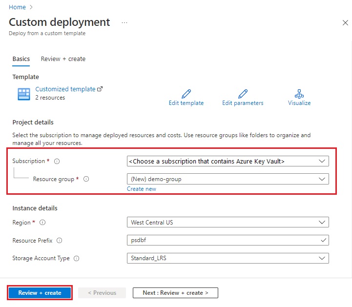 Captura de tela da página de modelo do ARM no portal do Azure.