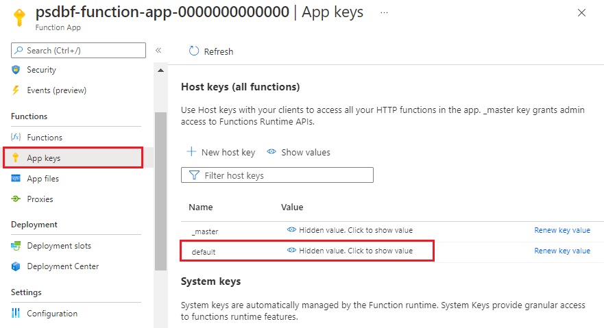 Captura de tela da página Chaves de Aplicativo do aplicativo do Azure Functions.