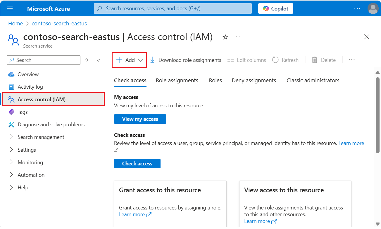 Captura de tela da página de controle de acesso no portal do Azure.