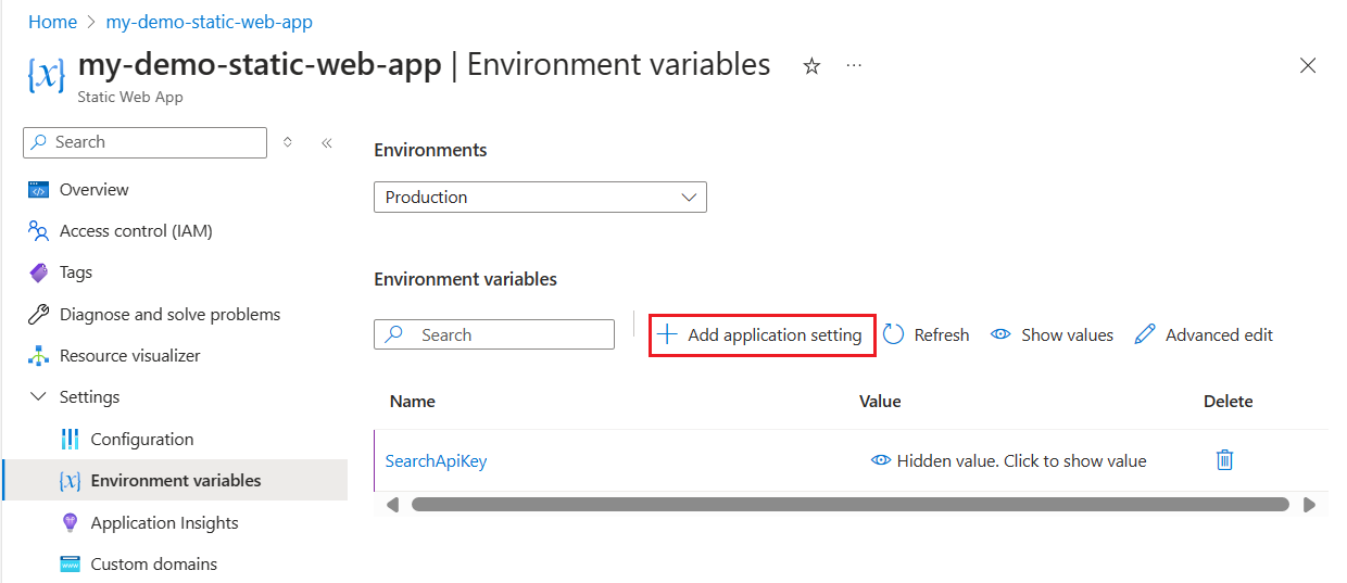 Captura de tela da página de variáveis de ambiente do aplicativo Web estático no portal do Azure.