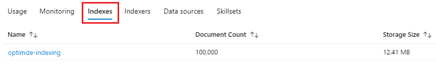 Exibição de tela que mostra uma lista de índices da Pesquisa de IA do Azure.