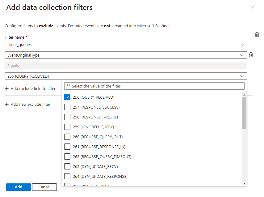 Captura de tela da adição de campos a um filtro para o DNS do Windows por meio do conector AMA.