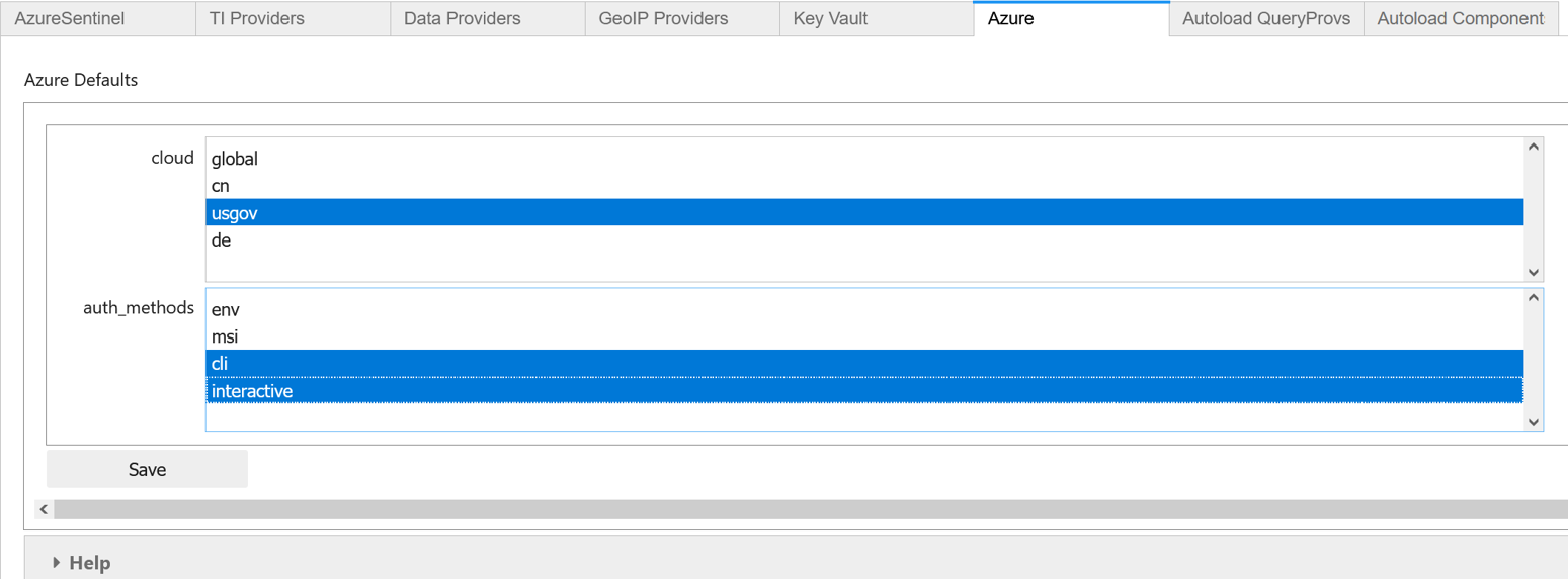 Captura de tela das configurações definidas para a nuvem do Azure Governamental.