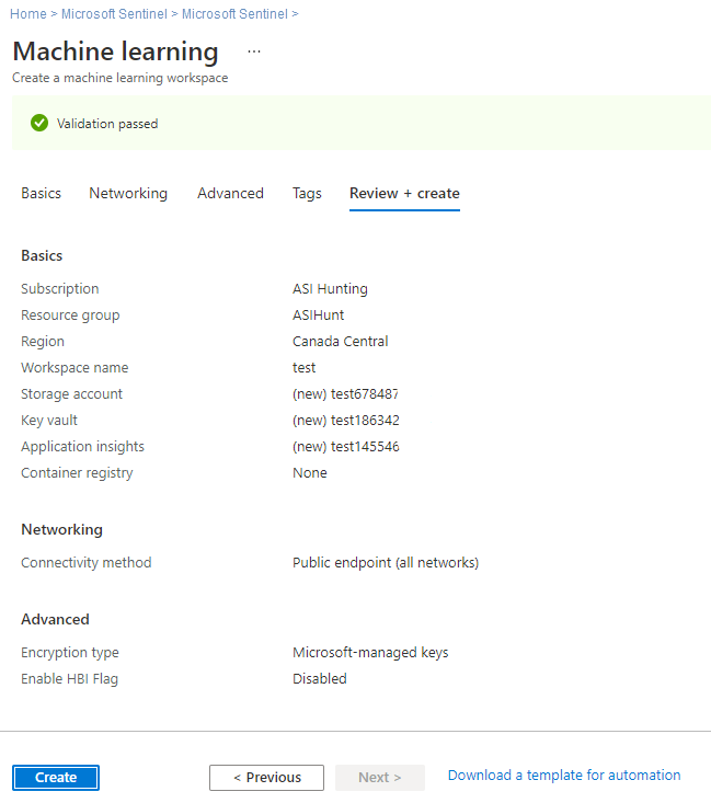 Revise + crie seu workspace do Machine Learning do Microsoft Sentinel.