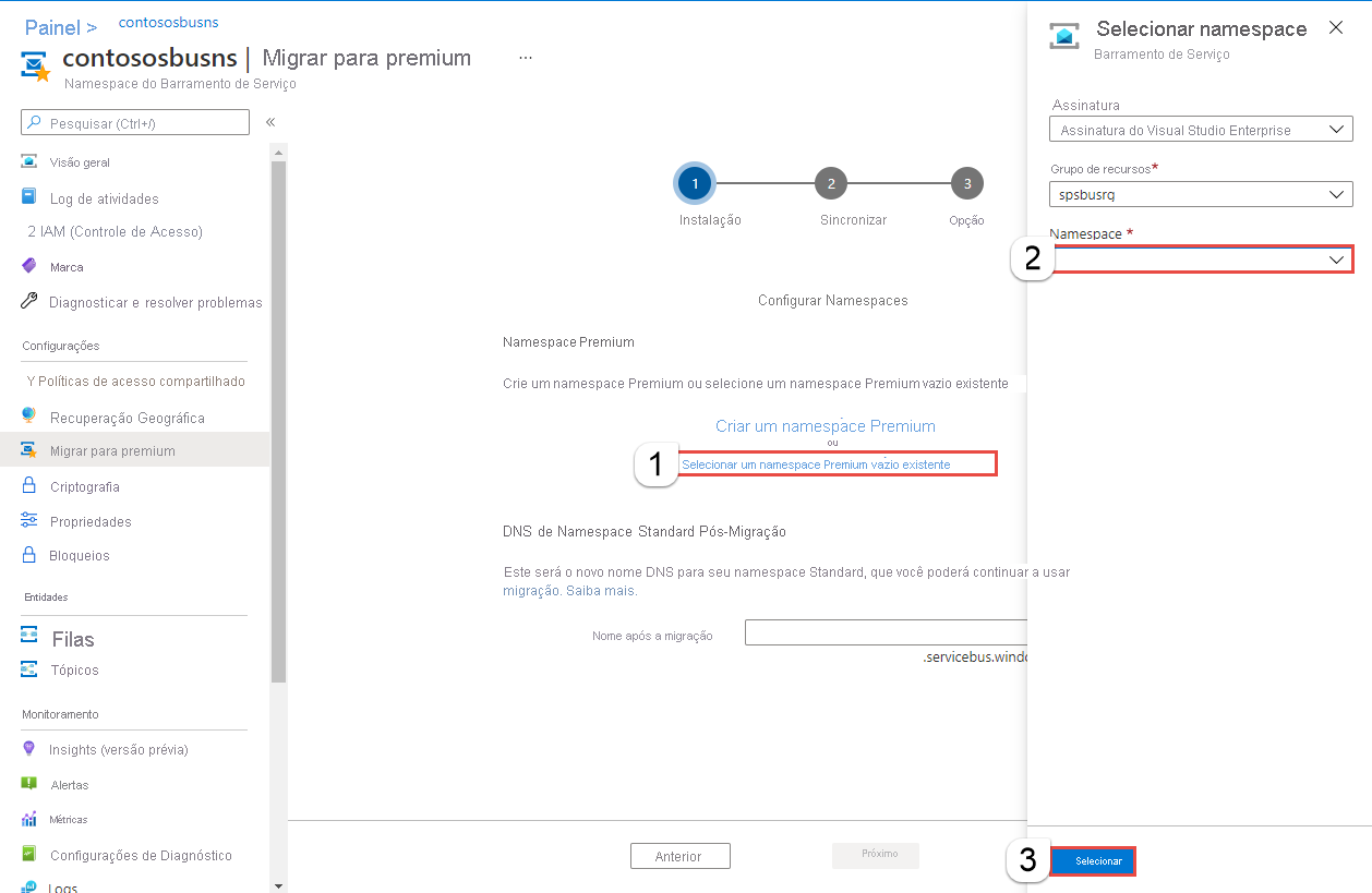 Imagem mostrando a seleção de um namespace Premium existente.