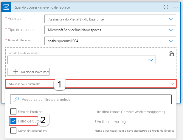 Captura de tela mostrando a adição de um novo parâmetro do tipo filtro Suffix.