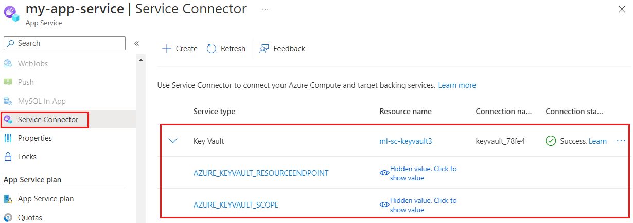 Captura de tela do portal do Azure mostrando detalhes da conexão de serviço.