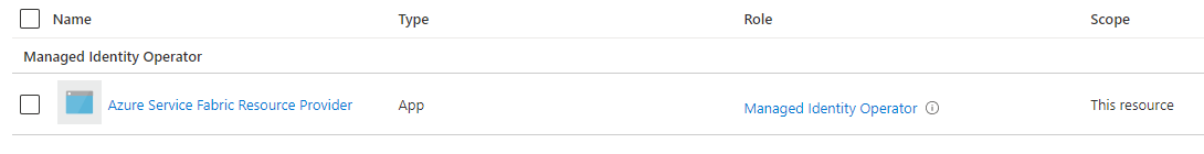 Propriedades de atribuição de função do provedor do Service Fabric na identidade gerenciada atribuída pelo usuário mostrada no portal do Azure