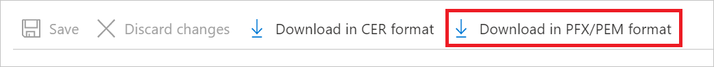 Captura de tela do botão Baixar no formato PFX/PEM usado para recuperar seu certificado para que você possa importá-lo para o repositório de certificados do computador, PNG.