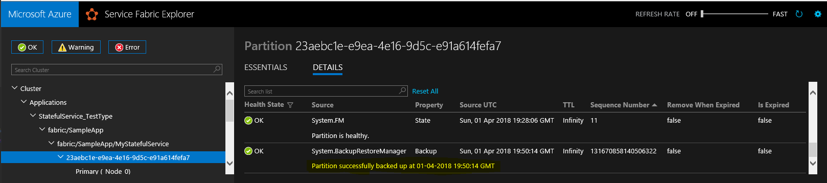 Evento de integridade do backup de partição