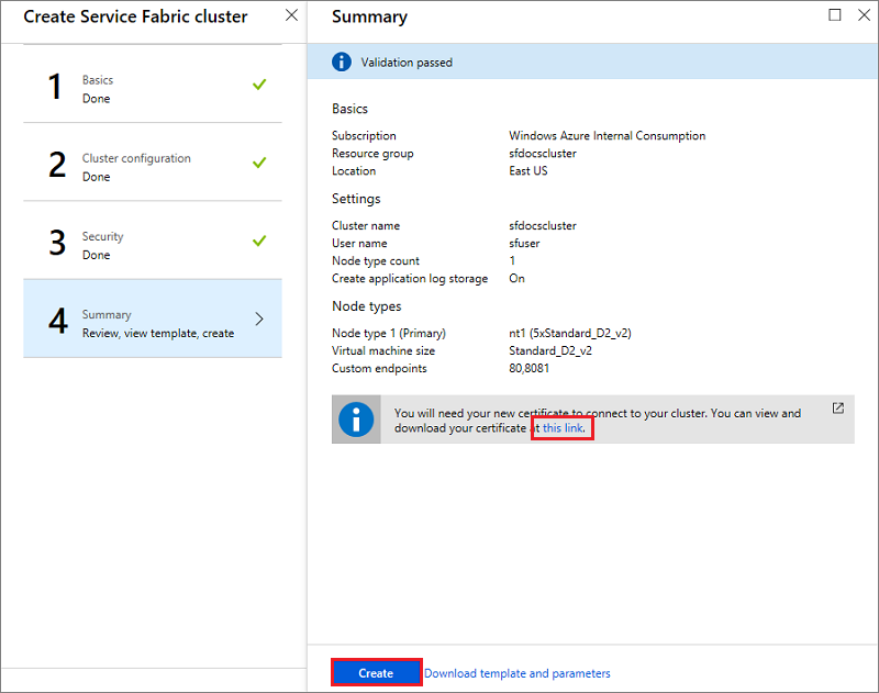 A captura de tela mostra a página de Resumo do painel Criar cluster do Service Fabric com um link para ver e baixar um certificado.