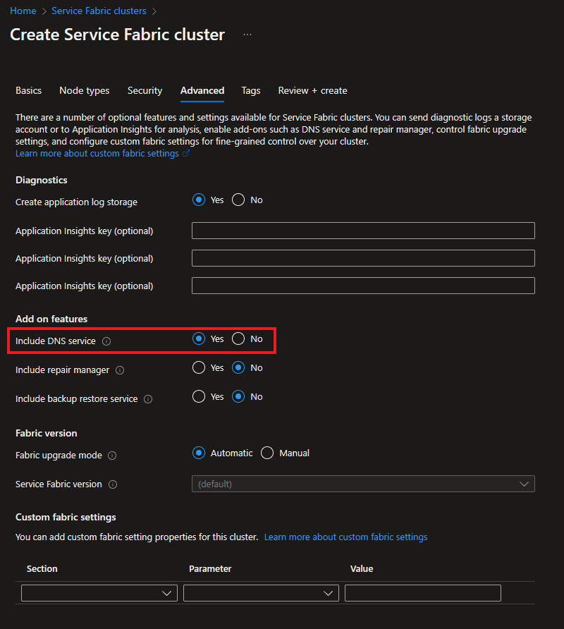 Captura de tela da habilitação do serviço DNS para um cluster padrão por meio do portal.