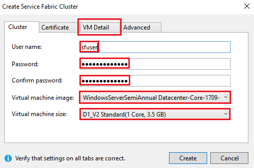 Captura de tela que mostra a guia Detalhes da VM da caixa de diálogo Criar Cluster do Service Fabric.