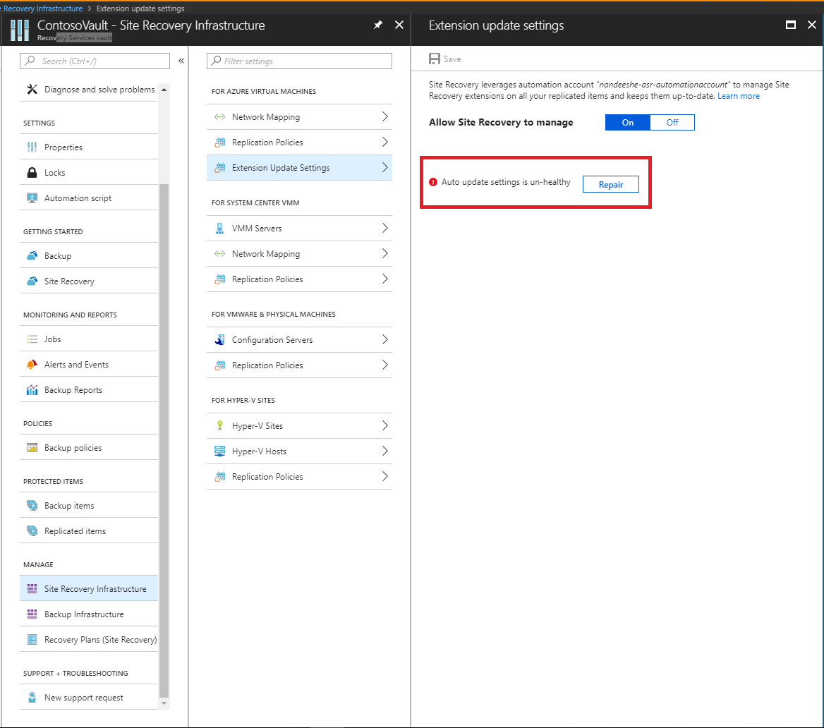 Botão de reparo do serviço do Site Recovery nas configurações de atualização de extensão