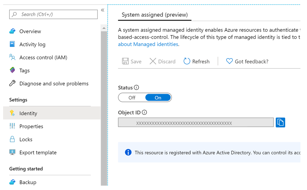 Mostra o portal do Azure e a página de Serviços de Recuperação.