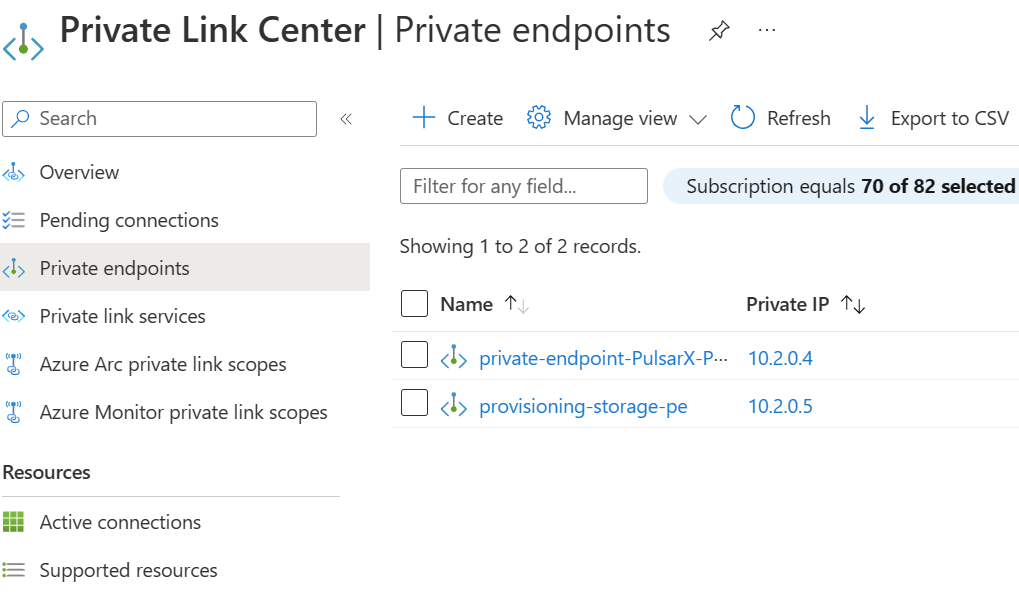 Captura de tela que mostra como criar um ponto de extremidade privado no Centro de Link Privado.