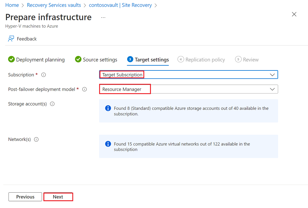 Captura de tela que mostra o painel Configurações de destino.