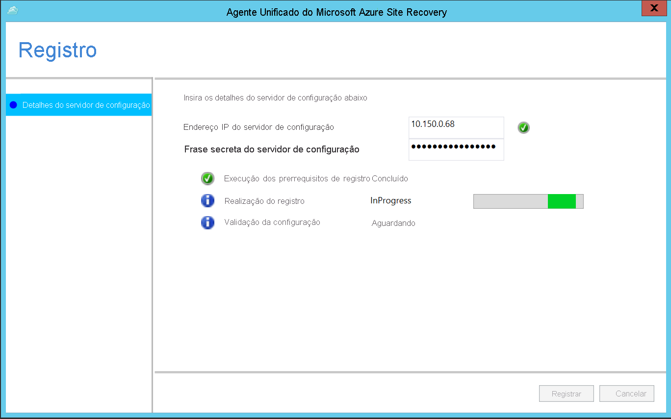 Captura de tela que mostra em que local inserir o endereço IP e a frase secreta para o servidor de configuração