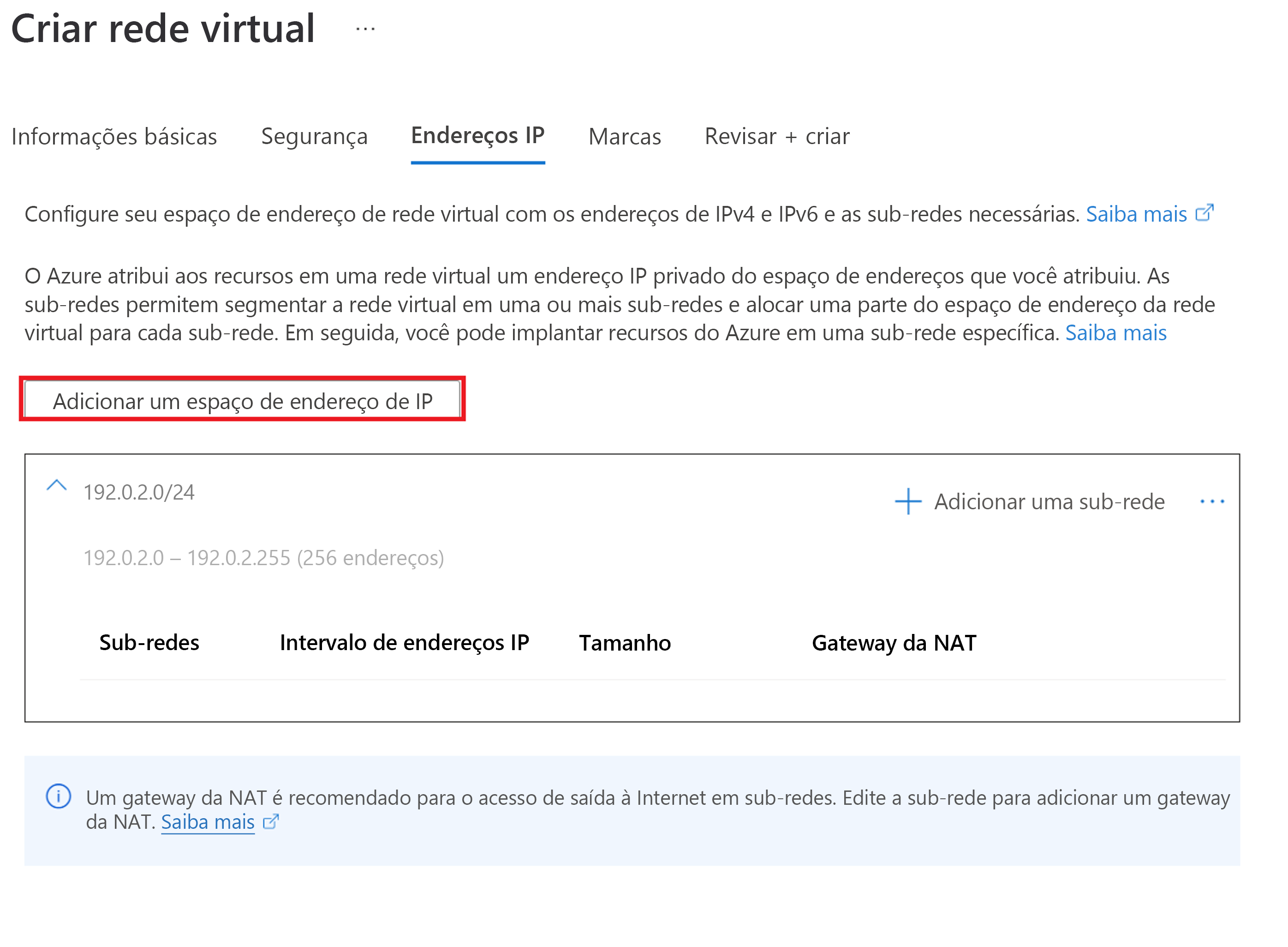 Captura de tela do botão para adicionar um espaço de endereços IP.