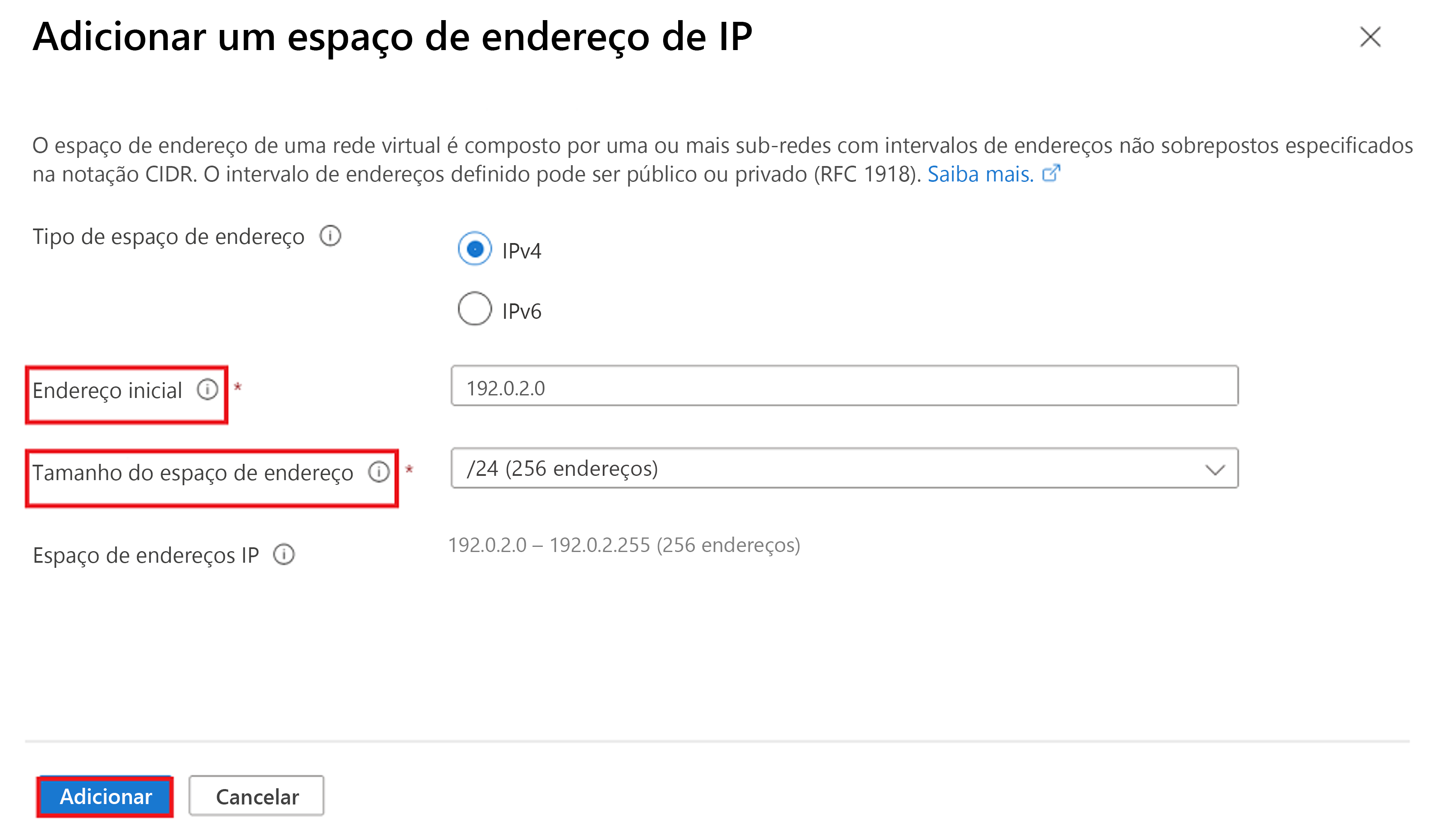 Captura de tela das seleções para adicionar um espaço de endereços IP para uma rede virtual.