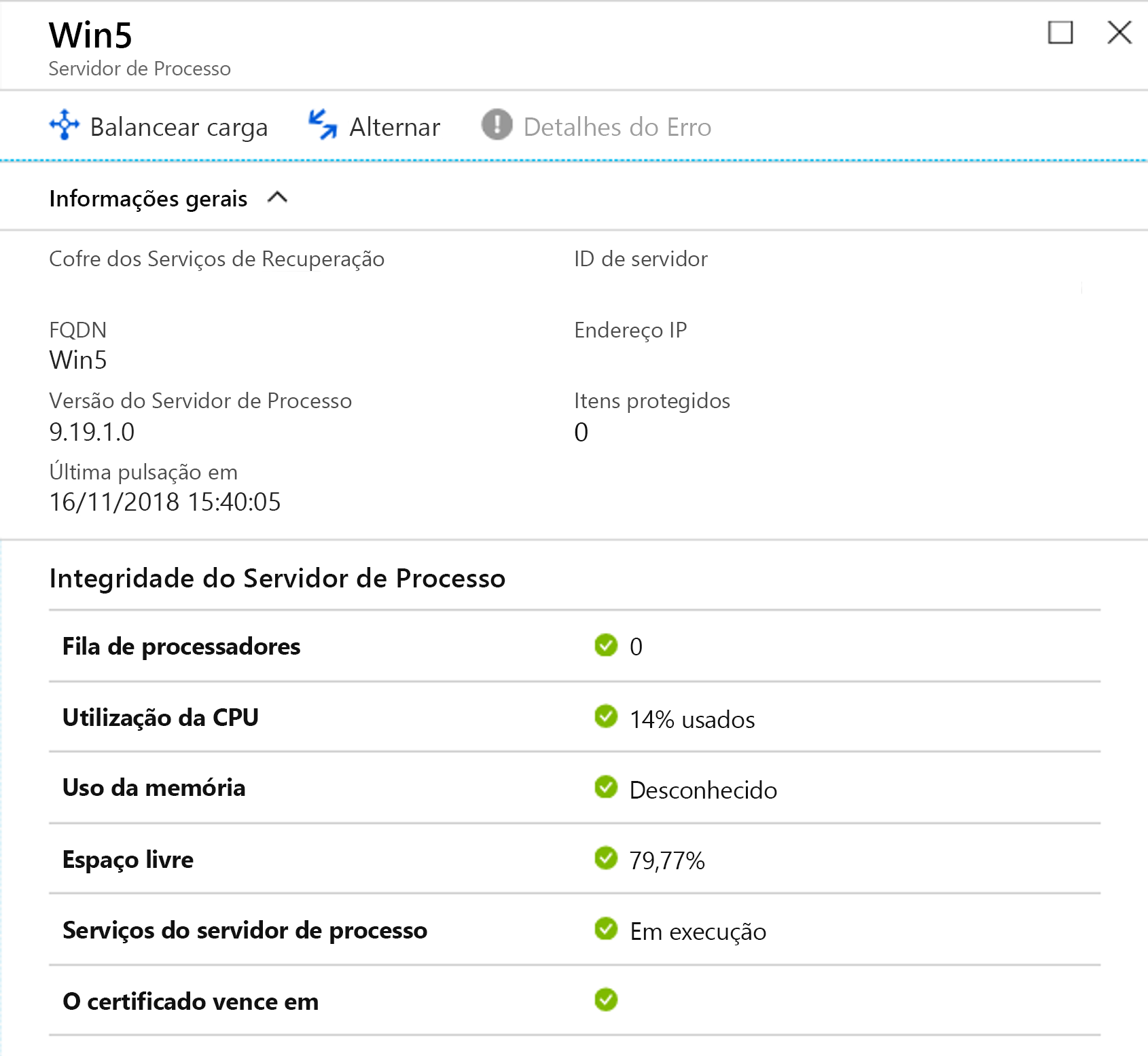 Captura de tela mostrando um servidor de processo para o qual você pode balancear a carga do tráfego.