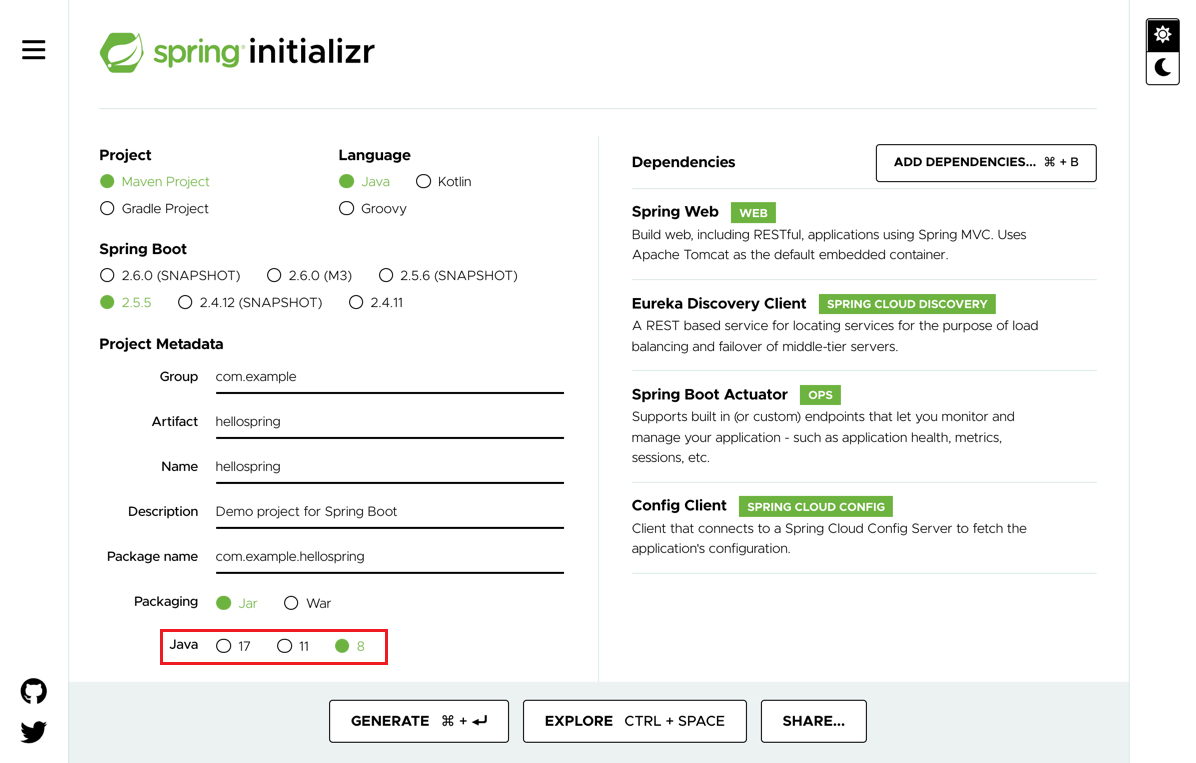 Captura de tela da página Spring Initializr mostrando as configurações recomendadas.